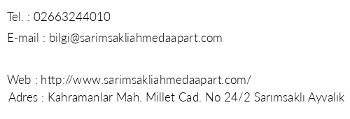 Ahmeda Apart Hotel telefon numaralar, faks, e-mail, posta adresi ve iletiim bilgileri